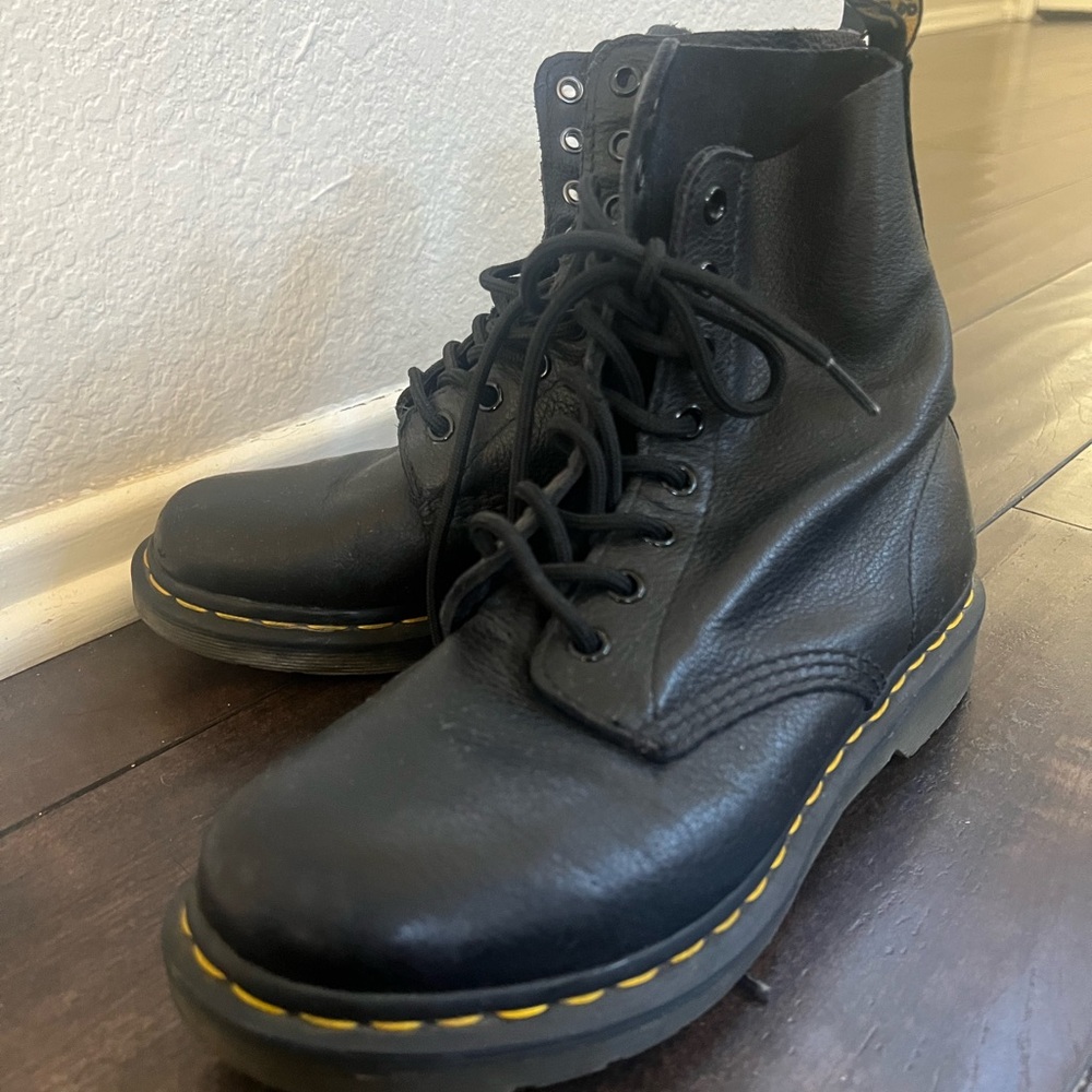 Dr. Martens Black Leather Boots with Yellow Stitching